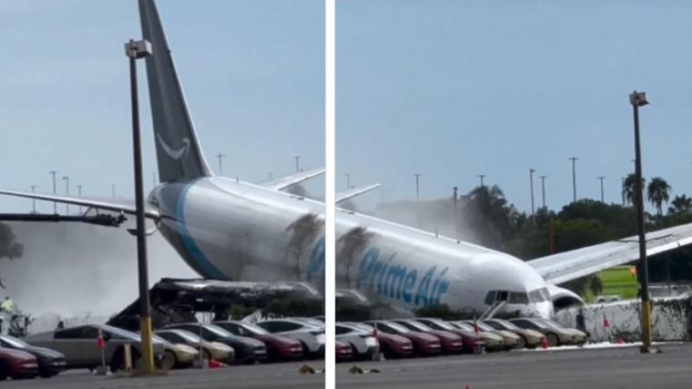 Avión de carga de Amazon se sale de la pista del aeropuerto de Miami, choca contra varios carros y termina en llamas